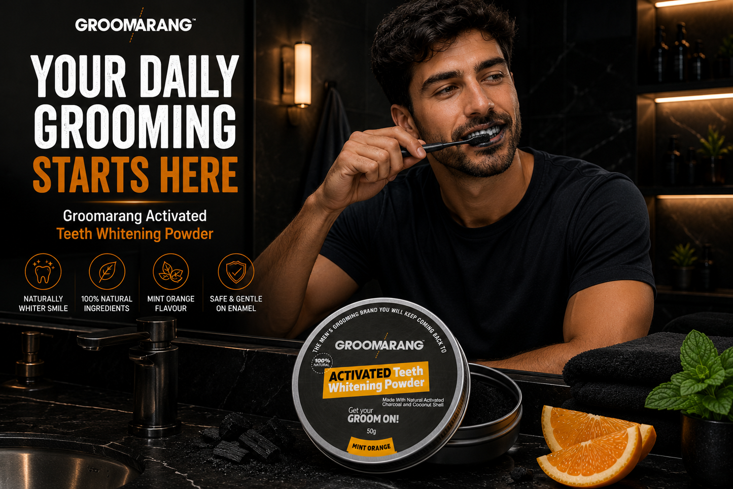 Groomarang Activated Charcoal & Coconut Shell Teeth Whitening Powder – 100% Natural & Vegan Friendly