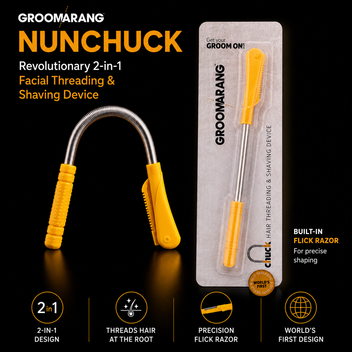 Groomarang 'Nunchuck' World's First Hair Threading and Shaving Device