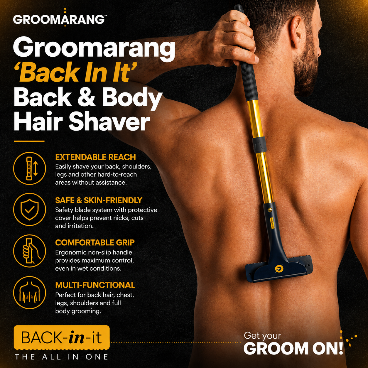Groomarang 'Back In It' Back Shaver and Hair Removal Device