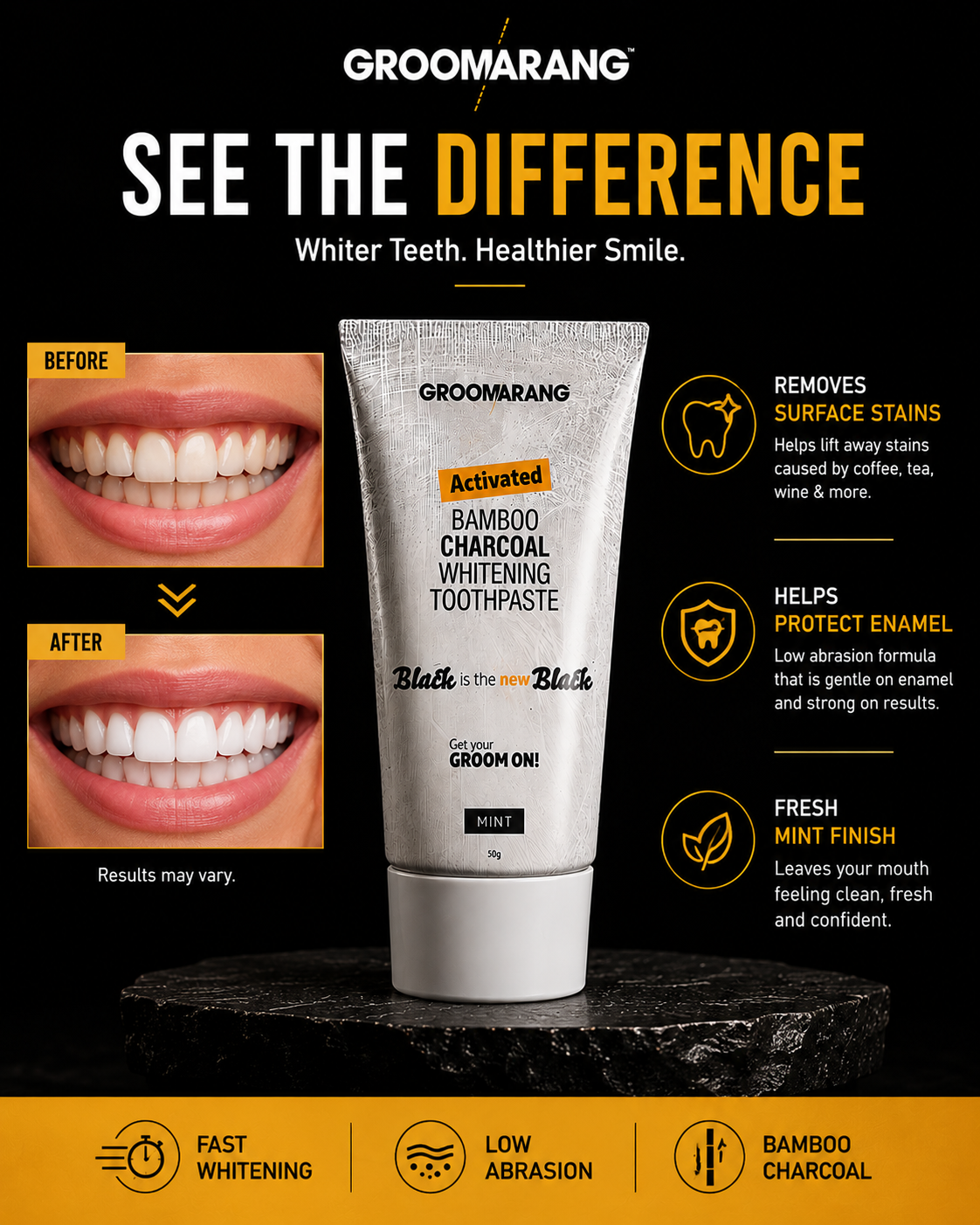 Groomarang Activated Bamboo Charcoal Whitening Toothpaste - Mint
