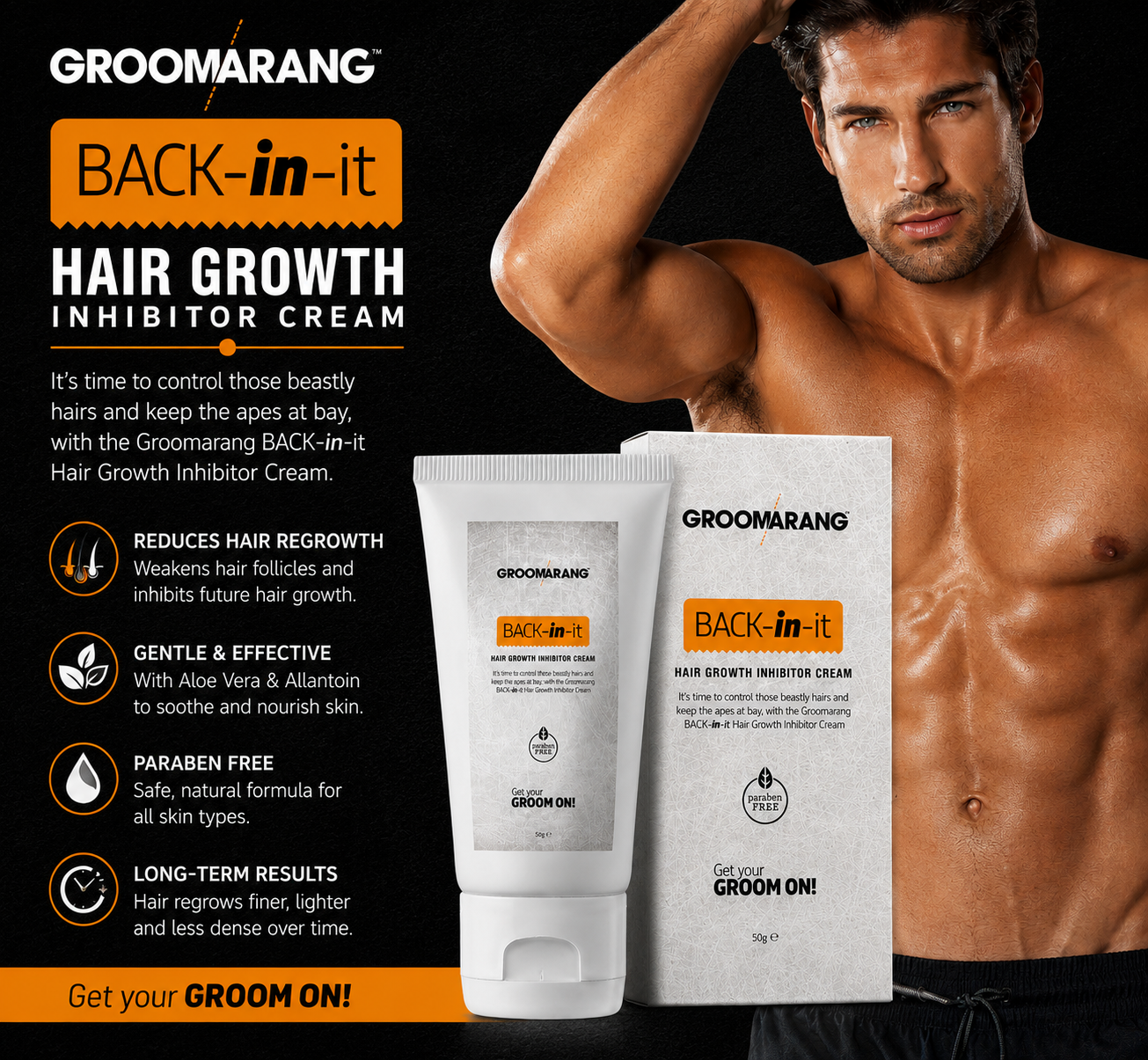 Groomarang Hair Growth Inhibitor Cream Permanent Body and Face Hair Removal 50g