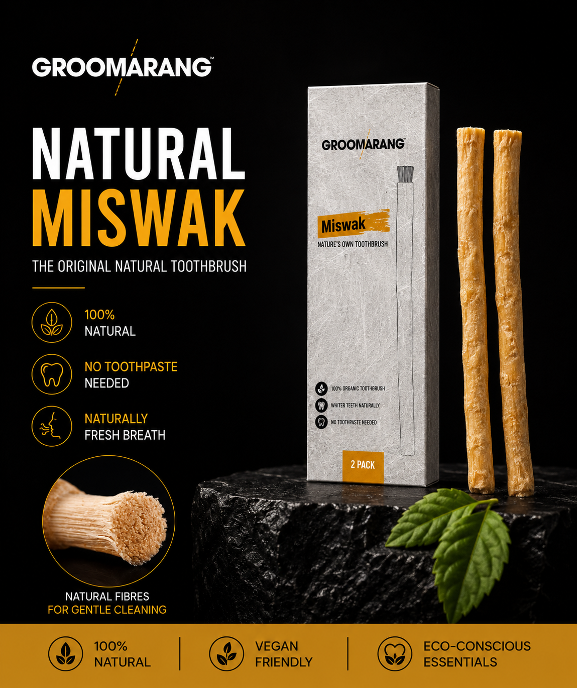 Groomarang Miswak 2 Pack Traditional Toothbrushes - Natural 'On the Go' Teeth Cleaning