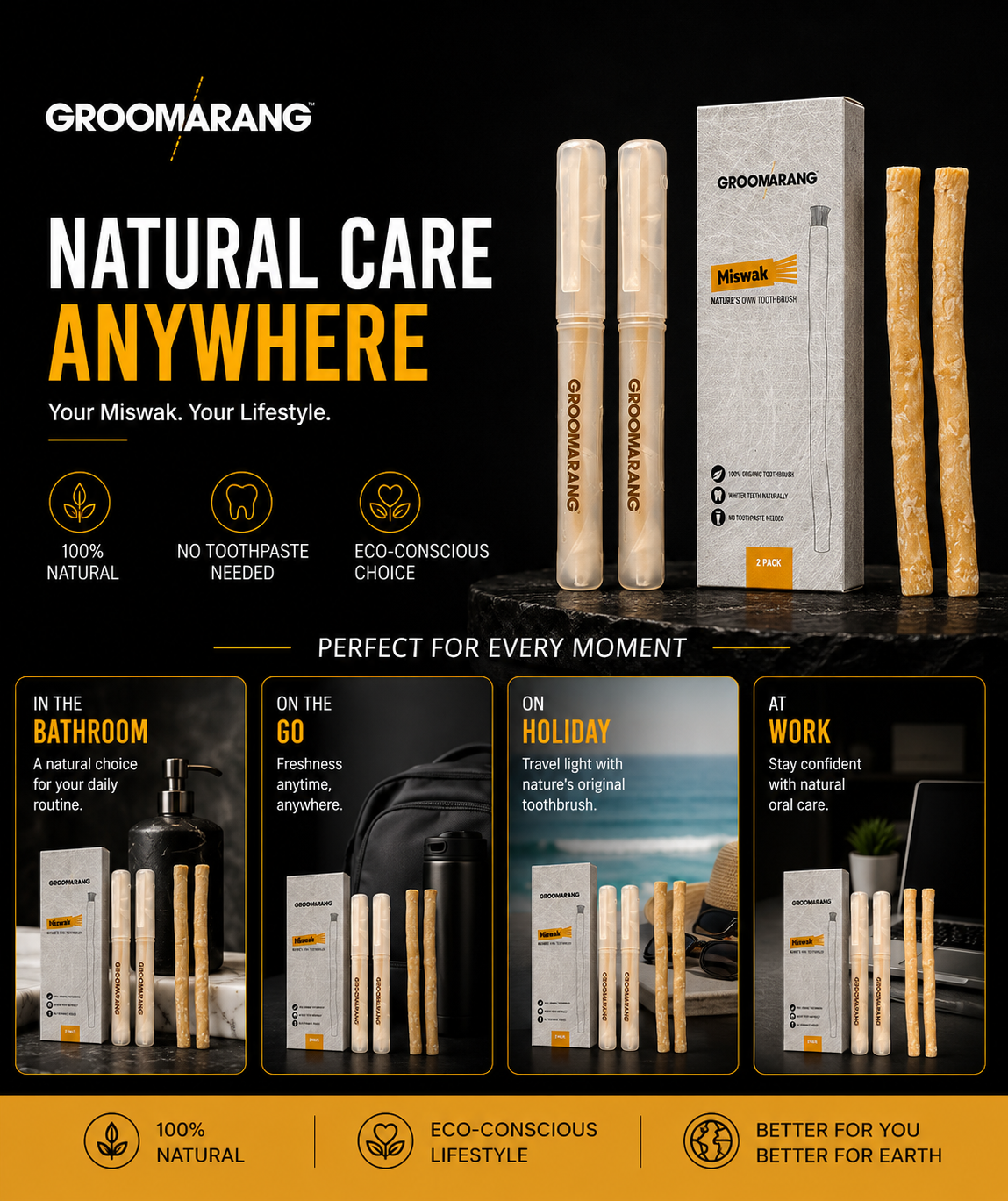 Groomarang Miswak 2 Pack Traditional Toothbrushes - Natural 'On the Go' Teeth Cleaning