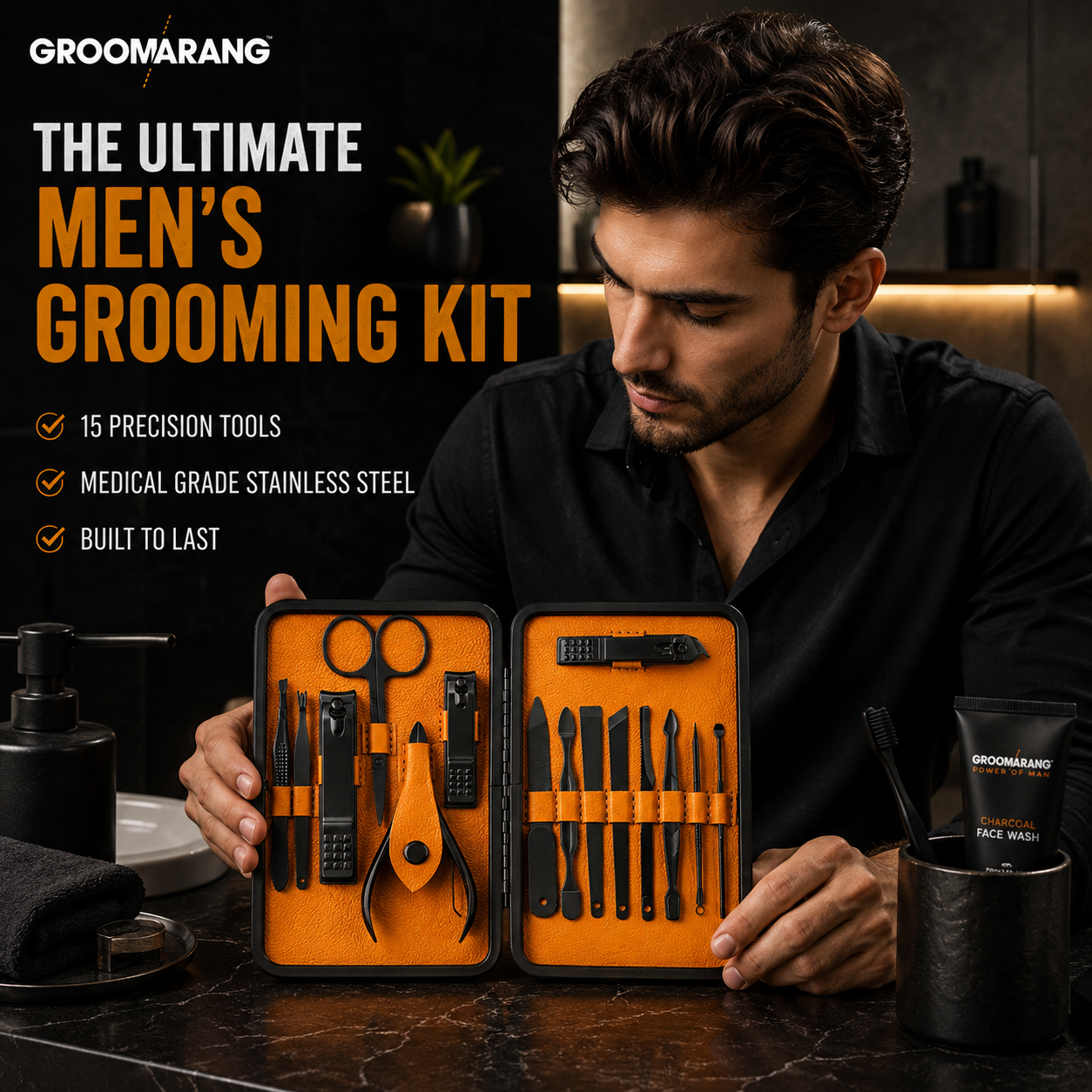 Groomarang 'The Ultimate' 15 Piece Mens Grooming Manicure & Pedicure Kit