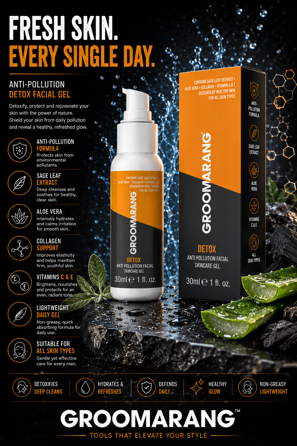 Groomarang Premium Facial Skincare - Anti Pollution Detox Gel 30ml