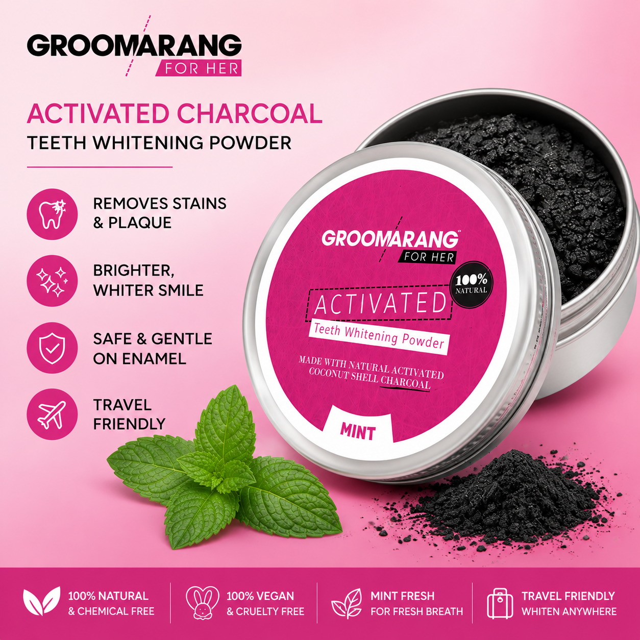 Groomarang For Her Charcoal Teeth Whitening Powder – 50g