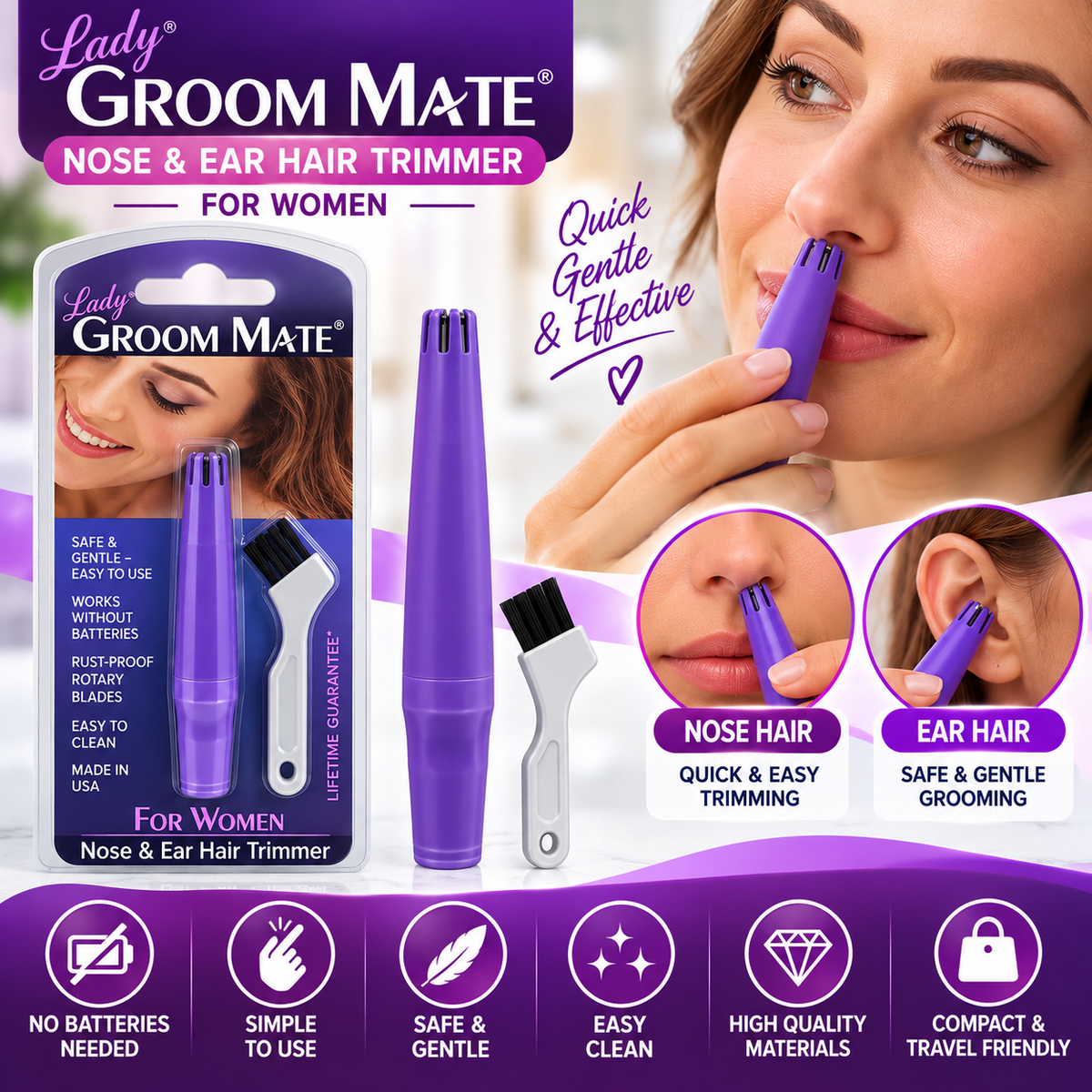 Groom Mate for Women Nose & Ear Hair Trimmer – Manual Precision Trimmer with Cleaning Brush