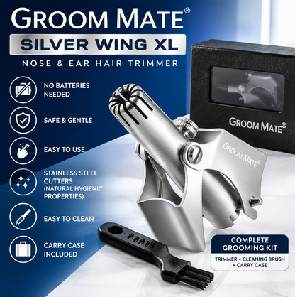 Groom Mate Silver Wing XL Nose & Ear Hair Trimmer – Stainless Steel Manual Trimmer with Case & Cleaning Brush
