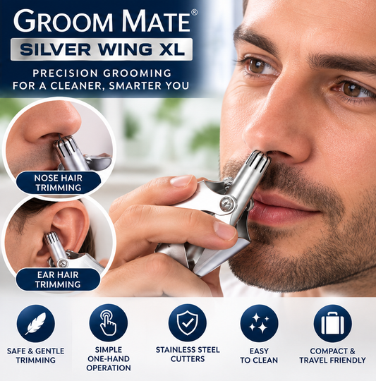 Groom Mate Silver Wing XL Nose & Ear Hair Trimmer – Stainless Steel Manual Trimmer with Case & Cleaning Brush