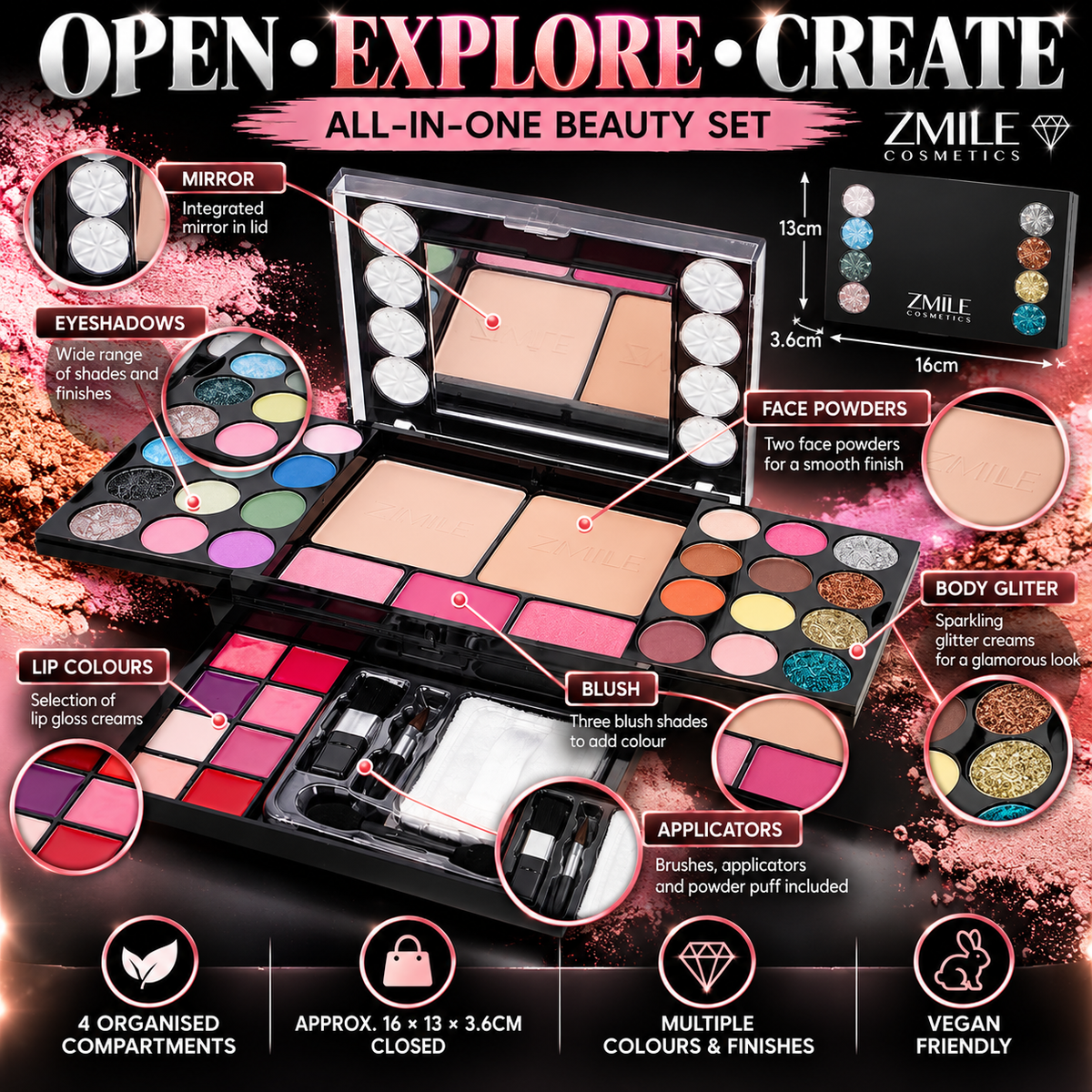 ZMILE Vegan Diamonds Makeup Set – All-in-One Makeup Palette with Mirror, Eyeshadow, Lip Gloss, Blush, Face Powder & Glitter