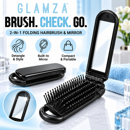 Glamza Mini 2-in-1 Folding Hairbrush with Mirror – Black Travel Detangling Brush