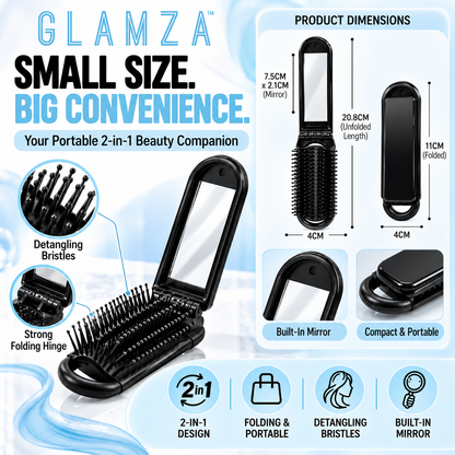 Glamza Mini 2-in-1 Folding Hairbrush with Mirror – Black Travel Detangling Brush