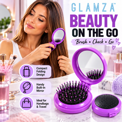Glamza Round Folding Detangle Hair Brush with Mirror