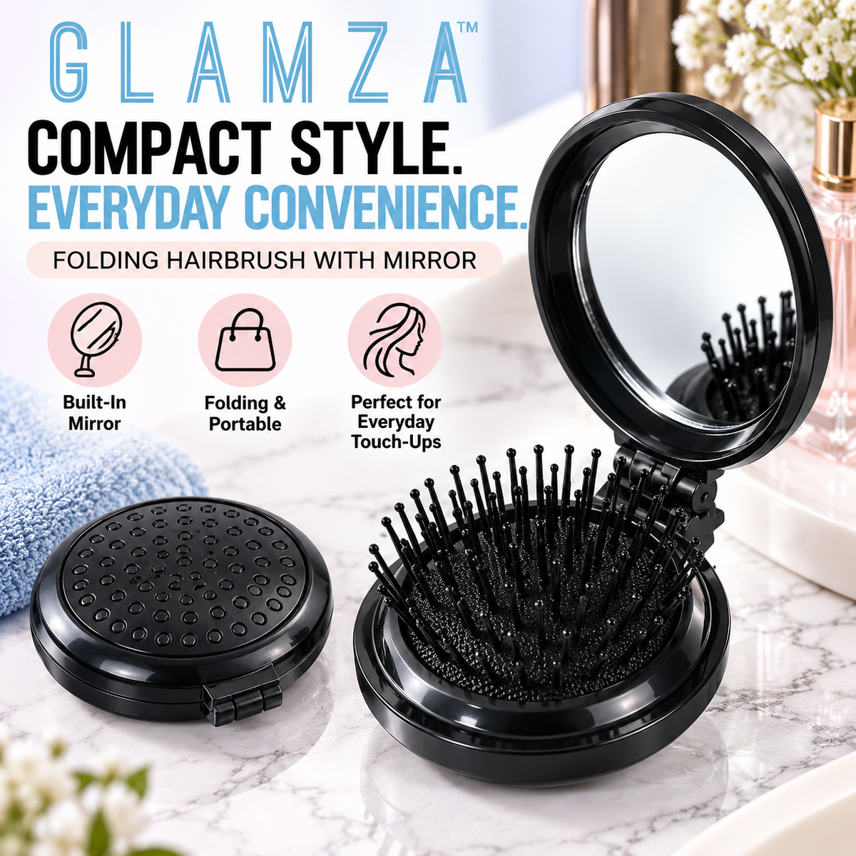 Glamza Round Folding Detangle Hair Brush with Mirror