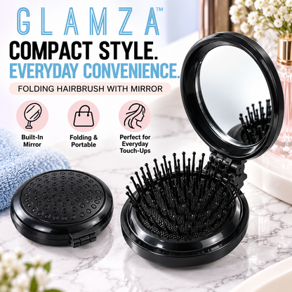 Glamza Round Folding Detangle Hair Brush with Mirror