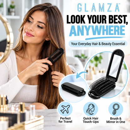 Glamza Mini 2-in-1 Folding Hairbrush with Mirror – Black Travel Detangling Brush
