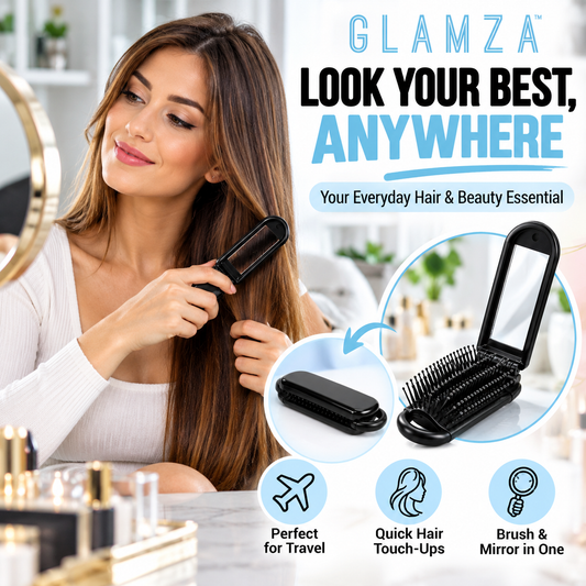 Glamza Mini 2-in-1 Folding Hairbrush with Mirror – Black Travel Detangling Brush