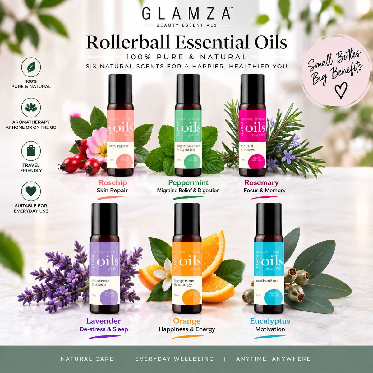 Glamza Roll-On Premium Essential Oils in 10ml - 100% Pure Lavender, Orange, Peppermint, Eucalyptus, Rosemary, Rosehip.
