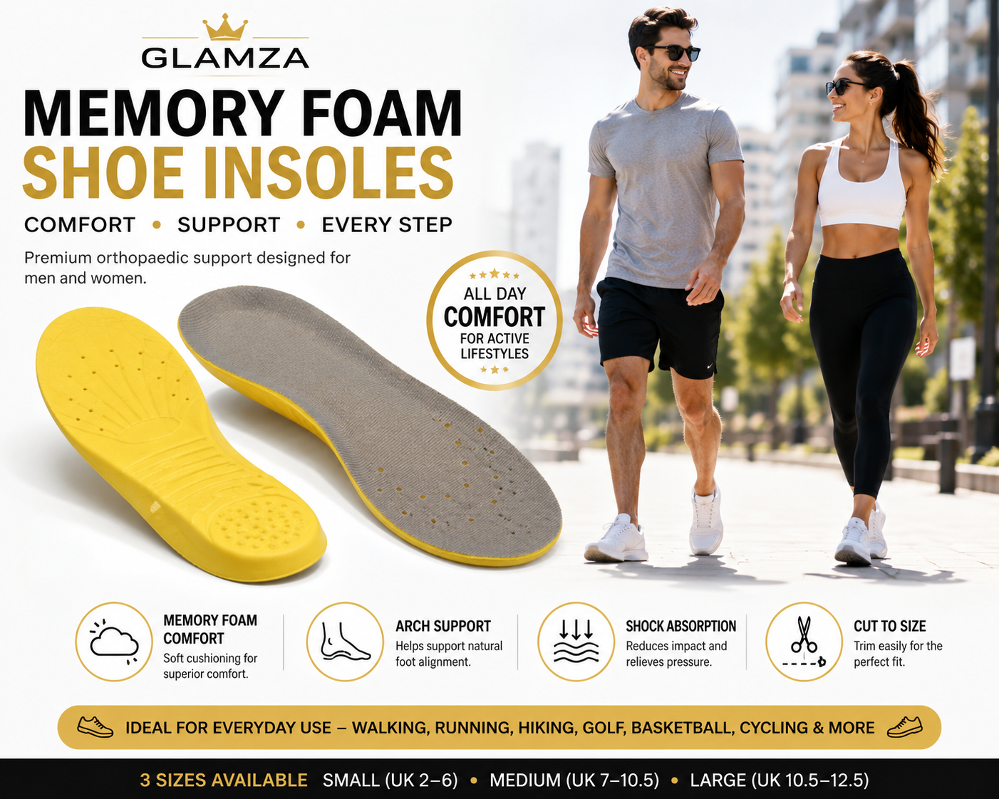 Glamza Memory Foam Shoe Insoles – Ultimate Comfort & Orthopaedic Support