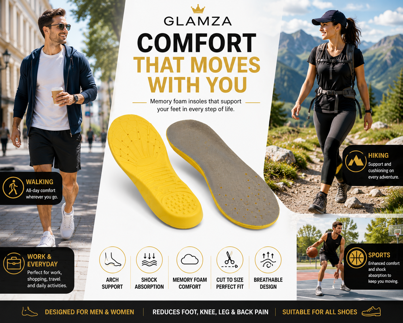 Glamza Memory Foam Shoe Insoles – Ultimate Comfort & Orthopaedic Support