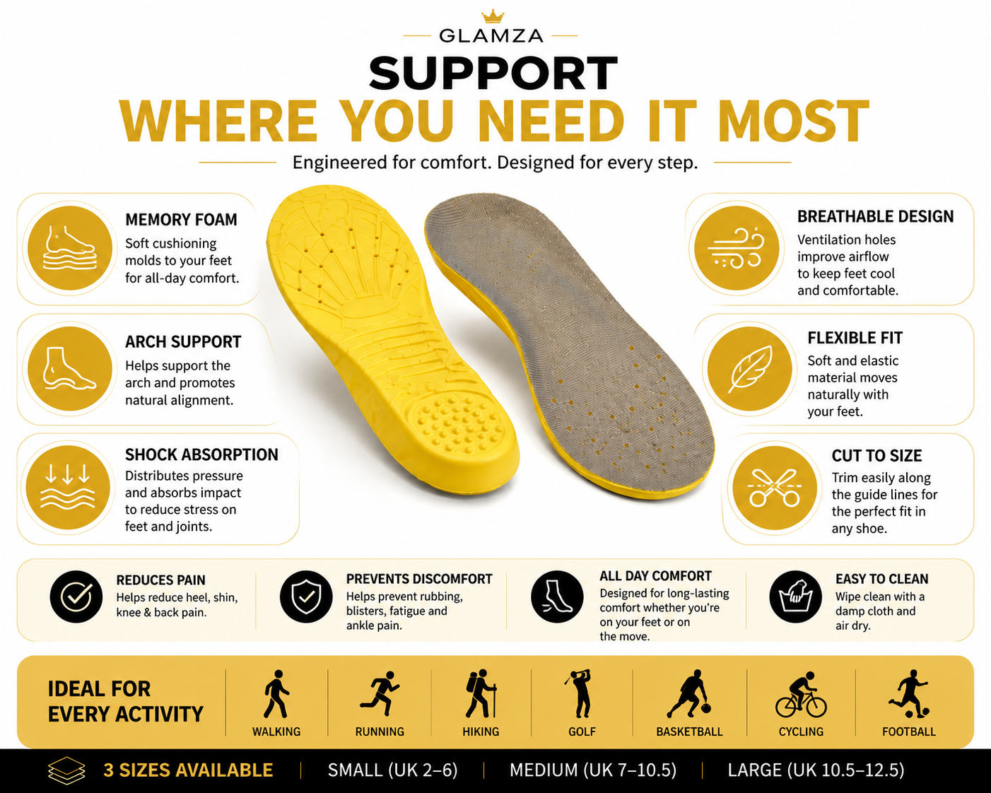 Glamza Memory Foam Shoe Insoles – Ultimate Comfort & Orthopaedic Support
