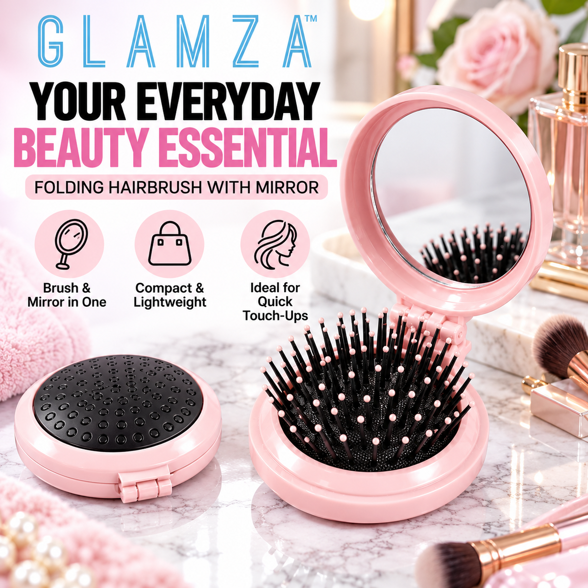 Glamza Round Folding Detangle Hair Brush with Mirror