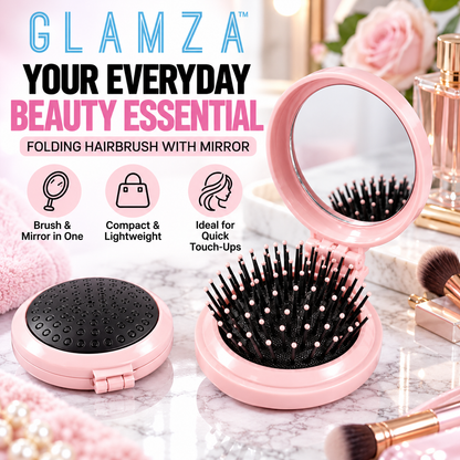 Glamza Round Folding Detangle Hair Brush with Mirror