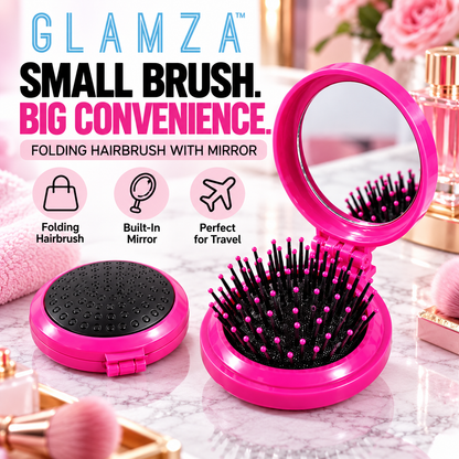 Glamza Round Folding Detangle Hair Brush with Mirror
