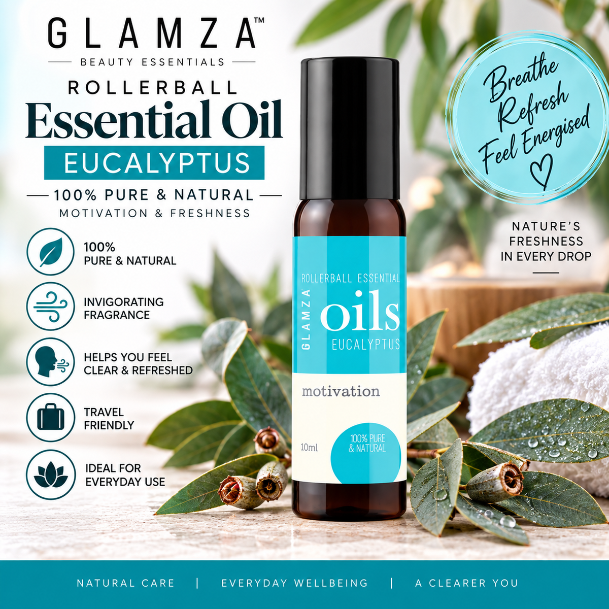 Glamza Roll-On Premium Essential Oils in 10ml - 100% Pure Lavender, Orange, Peppermint, Eucalyptus, Rosemary, Rosehip.