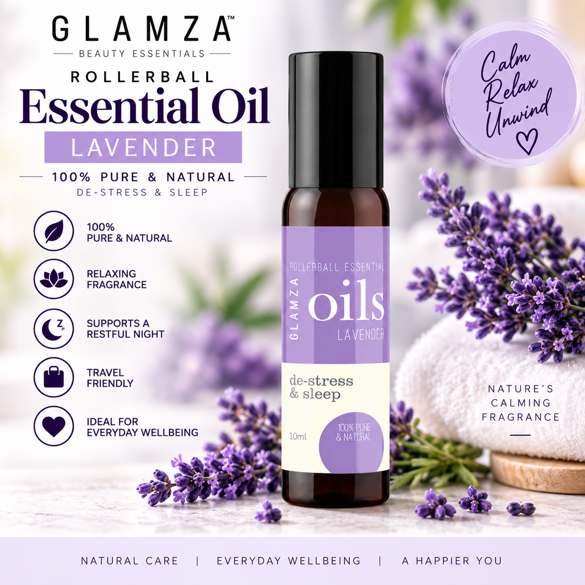 Glamza Roll-On Premium Essential Oils in 10ml - 100% Pure Lavender, Orange, Peppermint, Eucalyptus, Rosemary, Rosehip.