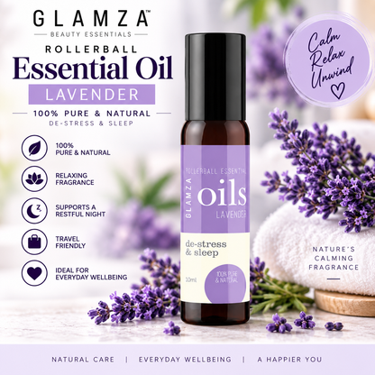 Glamza Roll-On Premium Essential Oils in 10ml - 100% Pure Lavender, Orange, Peppermint, Eucalyptus, Rosemary, Rosehip.