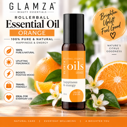Glamza Roll-On Premium Essential Oils in 10ml - 100% Pure Lavender, Orange, Peppermint, Eucalyptus, Rosemary, Rosehip.