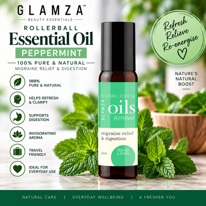 Glamza Roll-On Premium Essential Oils in 10ml - 100% Pure Lavender, Orange, Peppermint, Eucalyptus, Rosemary, Rosehip.