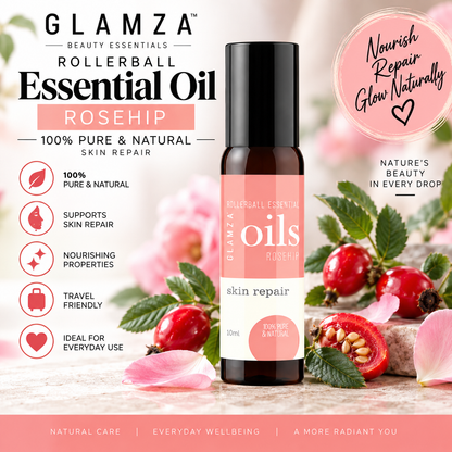 Glamza Roll-On Premium Essential Oils in 10ml - 100% Pure Lavender, Orange, Peppermint, Eucalyptus, Rosemary, Rosehip.