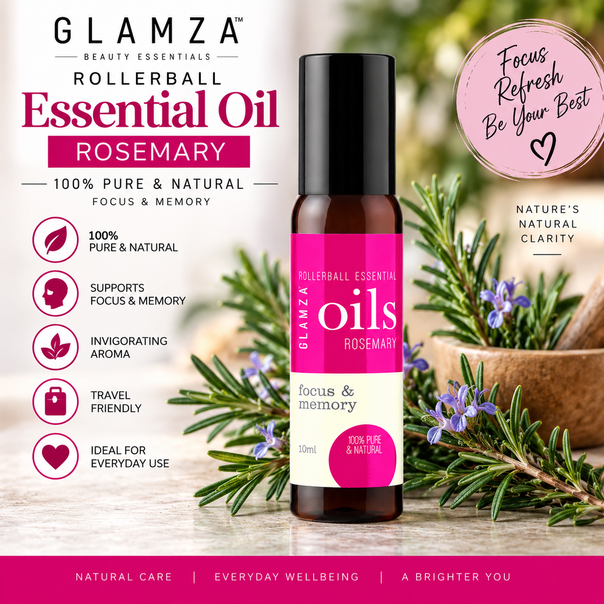 Glamza Roll-On Premium Essential Oils in 10ml - 100% Pure Lavender, Orange, Peppermint, Eucalyptus, Rosemary, Rosehip.