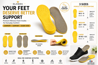 Glamza Memory Foam Shoe Insoles – Ultimate Comfort & Orthopaedic Support