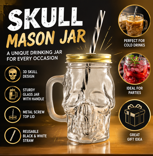Puckator Skull Glass Mason Jar with Handle with Reusable Straw & Gold Metal Lid