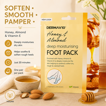 Derma V10 Deep Moisturising Foot Pack Honey & Almond Foot Masks - Vitamin E Enriched