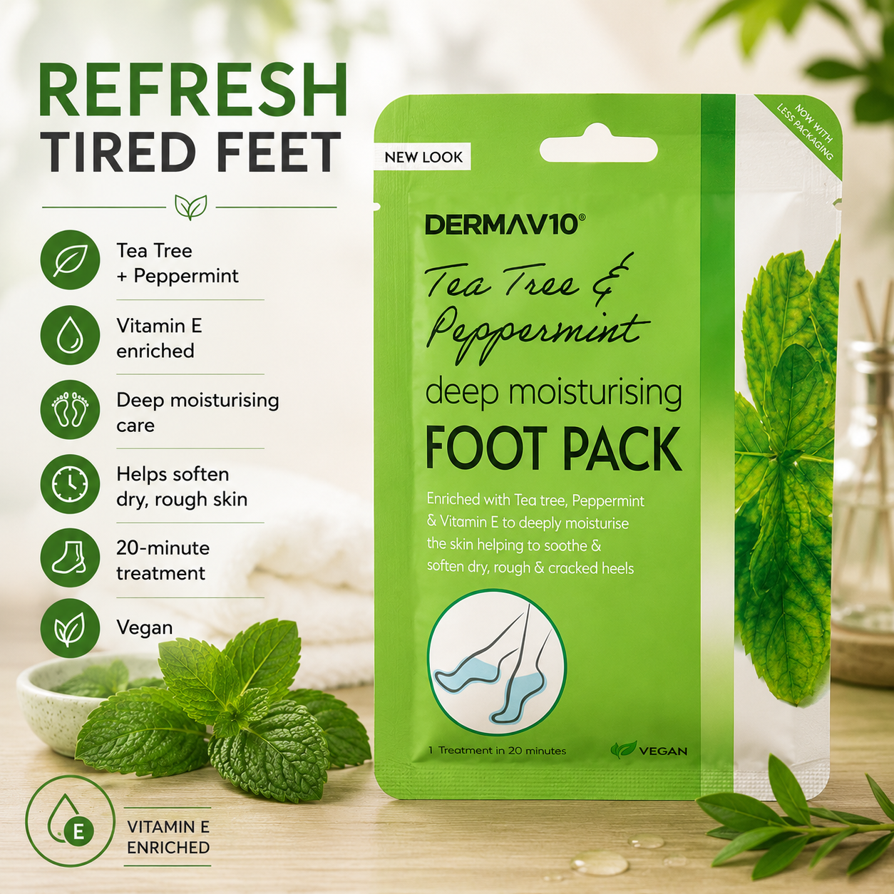 Derma V10 Deep Moisturising Foot Pack Tea Tree & Peppermint Foot Masks - Vitamin E Enriched