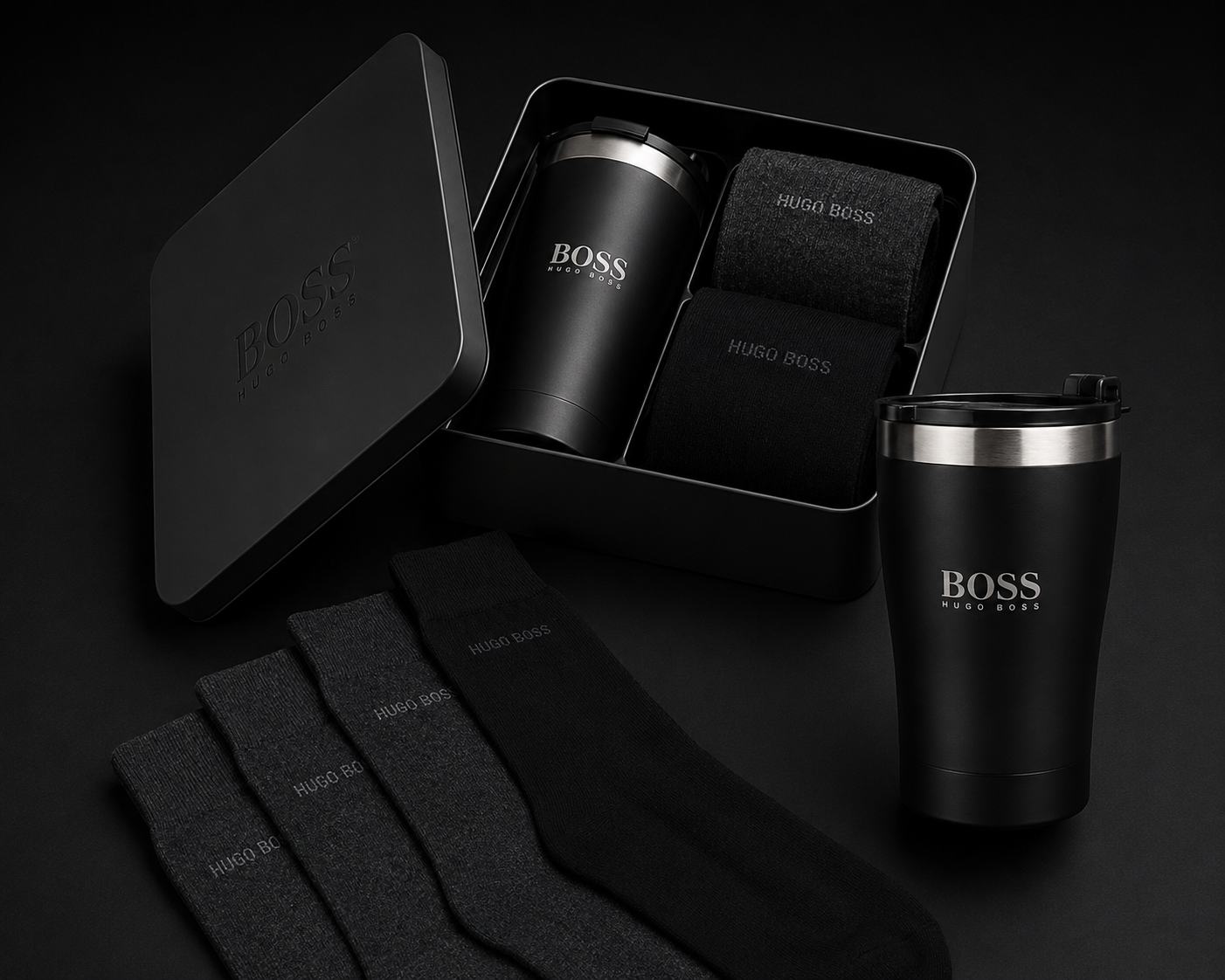 Hugo Boss Gift Set - 2 Pairs Men's Socks with Thermal Mug (UK Size 6-11)