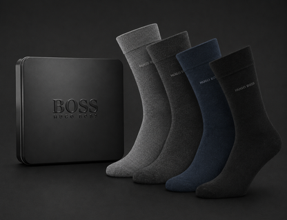 Hugo Boss Gift Set Gift Box 4 (Mixed Black, Blue, Greys) Pairs Mens Socks US 7-13, EU 40-46, UK 6-11