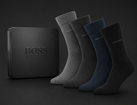 Hugo Boss Gift Set Gift Box 4 (Mixed Black, Blue, Greys) Pairs Mens Socks US 7-13, EU 40-46, UK 6-11