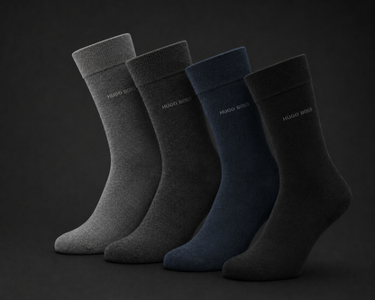 Hugo Boss Gift Set Gift Box 4 (Mixed Black, Blue, Greys) Pairs Mens Socks US 7-13, EU 40-46, UK 6-11