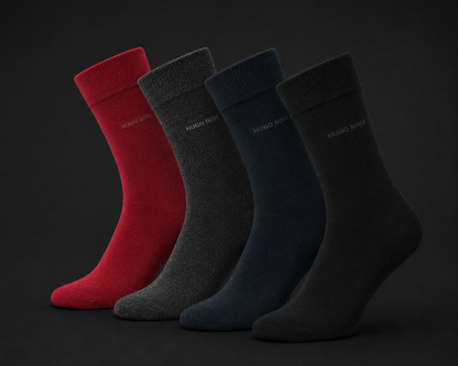 Hugo Boss Gift Set Gift Box 4 (Mixed Black, Blue, Grey, Red) Pairs Mens Socks US 7-13, EU 40-46, UK 6-11