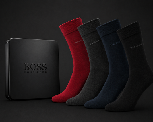 Hugo Boss Gift Set Gift Box 4 (Mixed Black, Blue, Grey, Red) Pairs Mens Socks US 7-13, EU 40-46, UK 6-11