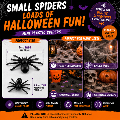 Halloween Spiders Bag of 100 – Mini & Large Black Spider Decorations
