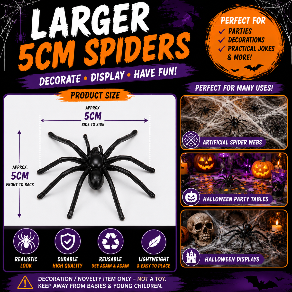 Halloween Spiders Bag of 100 – Mini & Large Black Spider Decorations