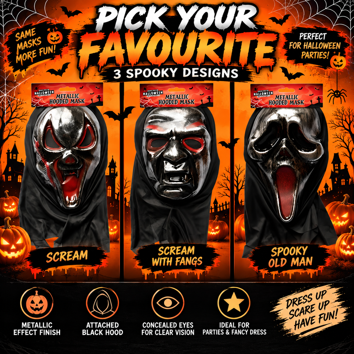 Halloween Metallic Effect Hooded Masks – 3 Scary Designs