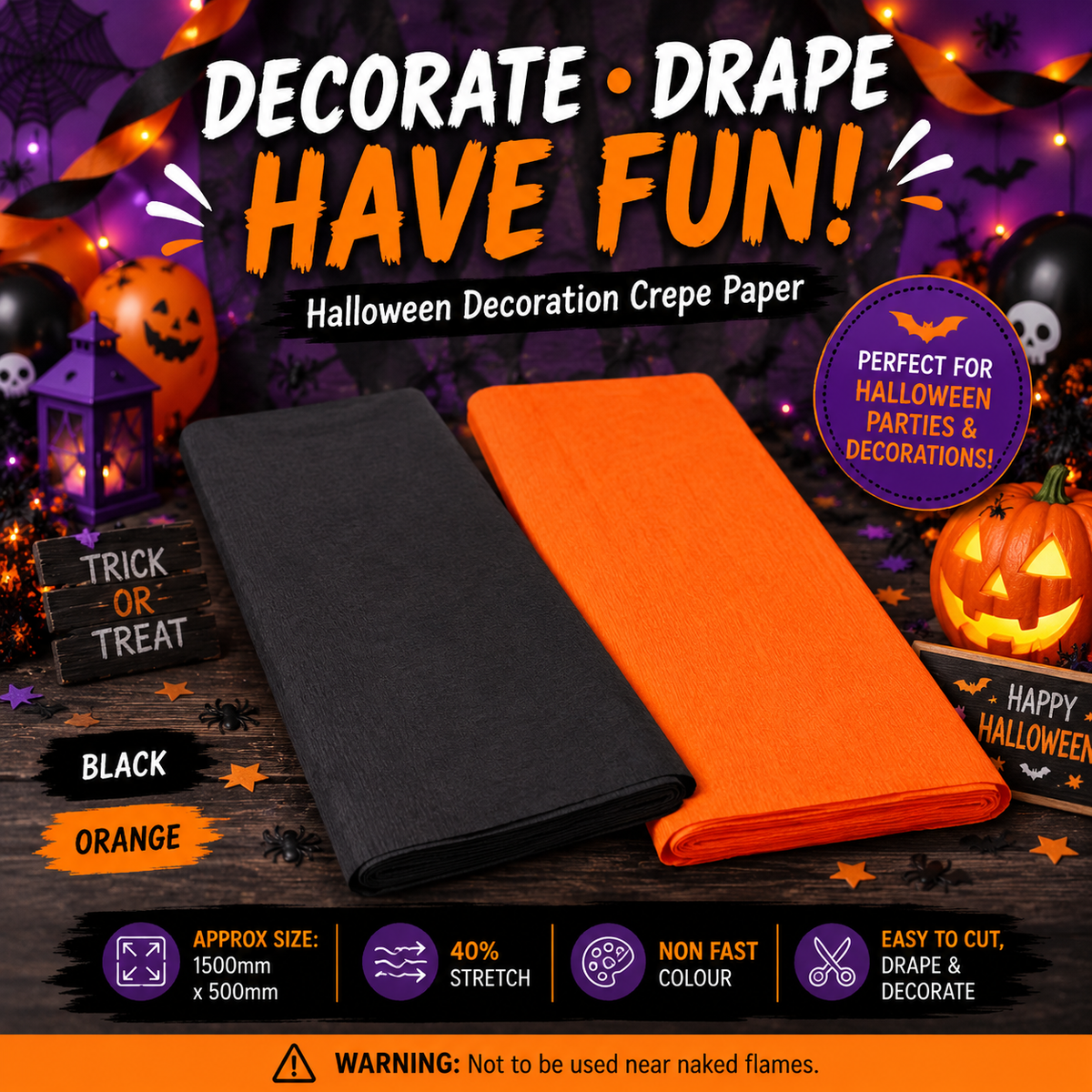 Halloween Decoration Crepe Paper – Black or Orange – 1500mm x 500mm