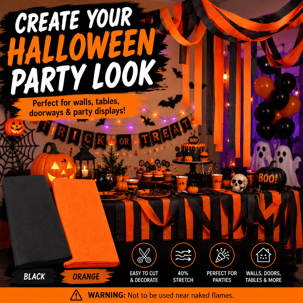 Halloween Decoration Crepe Paper – Black or Orange – 1500mm x 500mm